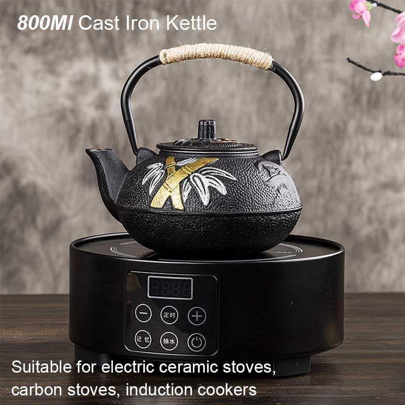 YMEEI 800ML Japanese Cast Iron Teapot With Stainless Steel Infuser Strainer Plum Blossom Tea Kettle For Boiling Water 210621