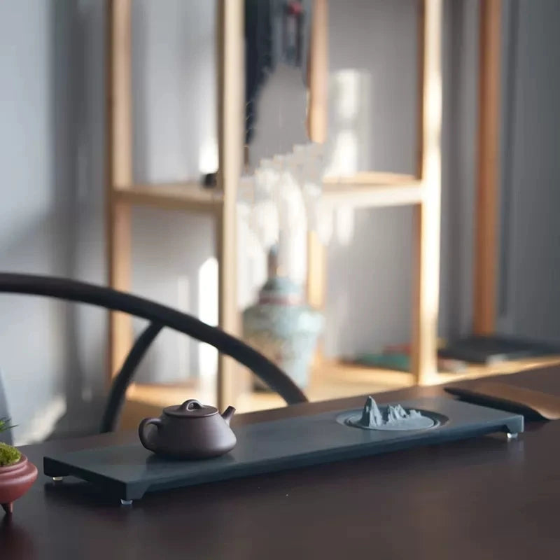 rectangle weighted black stone tea tray mountain statue decoration China serving table handmade Zen style tea boat L60cm*W20cm