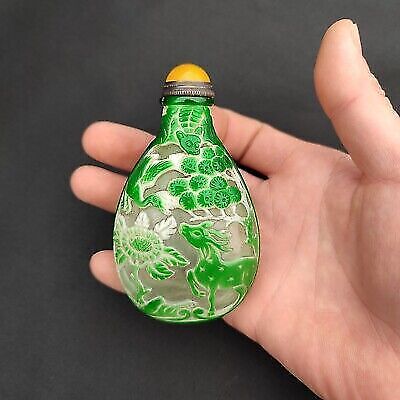 vintage chinese peking glass snuff bottle Crane Statue Heron bird bat fu collect