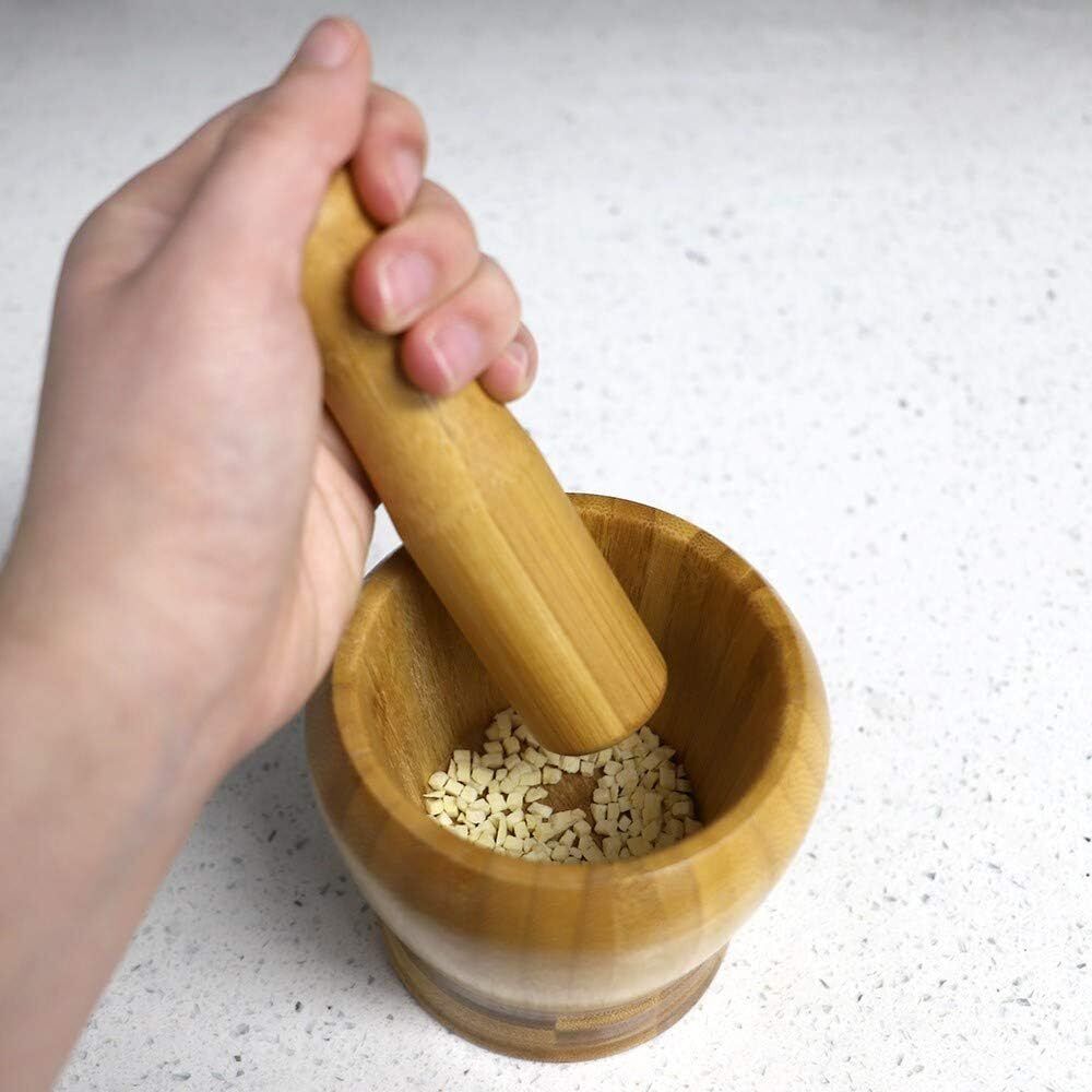 Wooden Mortar and Pestle Set Bamboo Natural Grinding Crushing Tool Herbs Spices