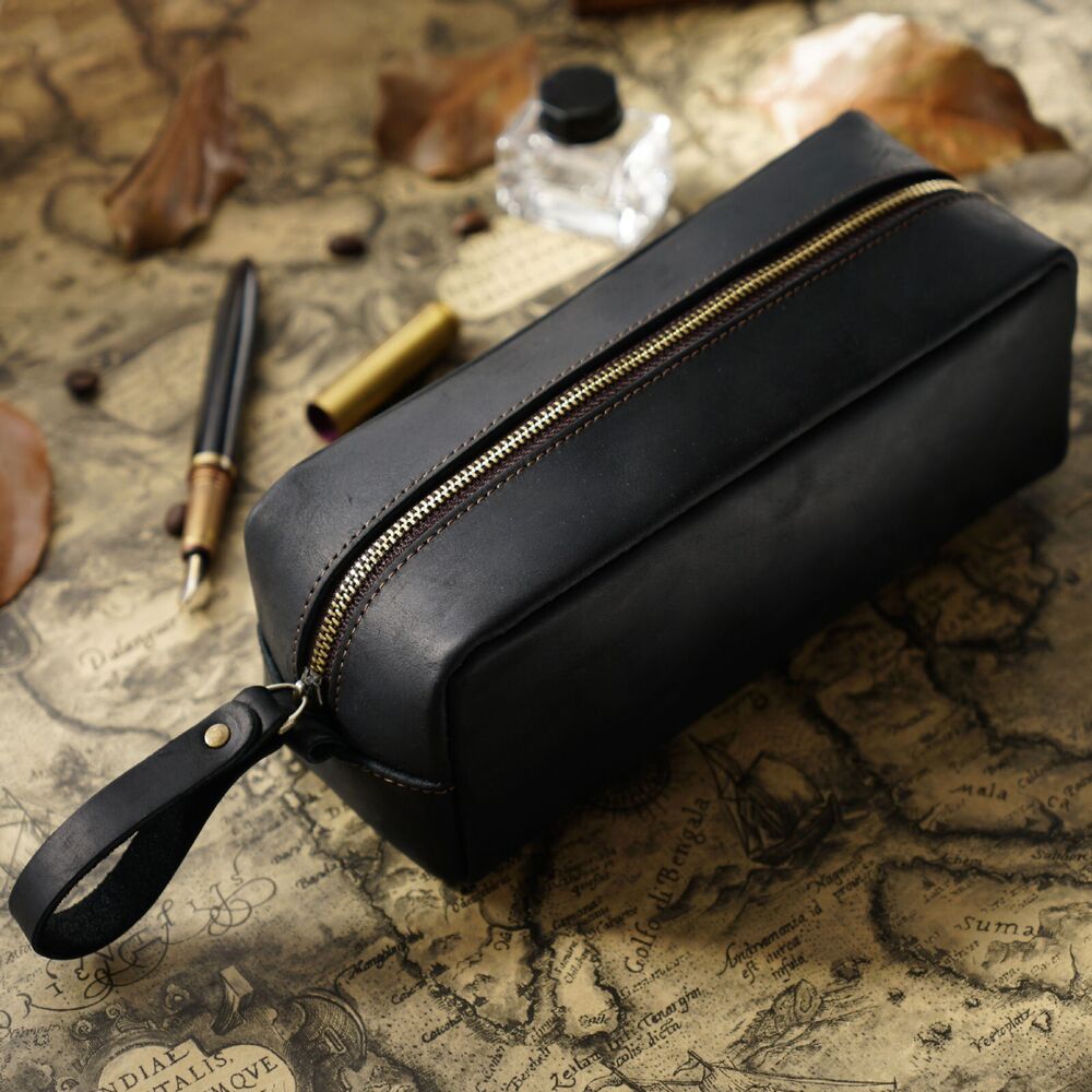 Handmade Cowhide Leather Pen Pouch Zipper Pencil Case Stationery Storage Pen Bag