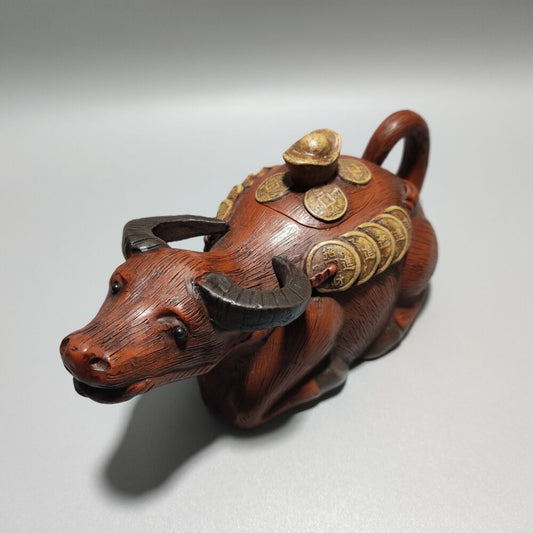 Vintage Chinese Yixing Purple Clay Teapot Zisha Ceramic Carving Cattle Teaware