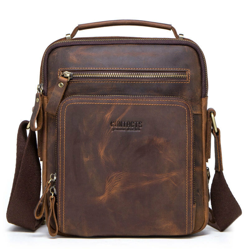 Men's Crazy Horse Cow Leather Vintage 8inch Messenger/Shoulder Bag Crossbody Bag
