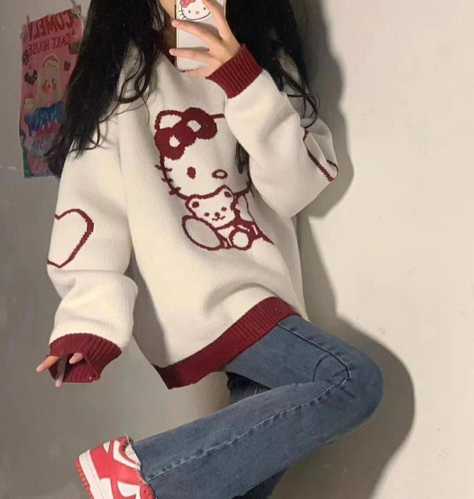 Cute Hello Kitty Sweet Embroidered Ladies Tops Cute Warm Sweater Loose Pullover
