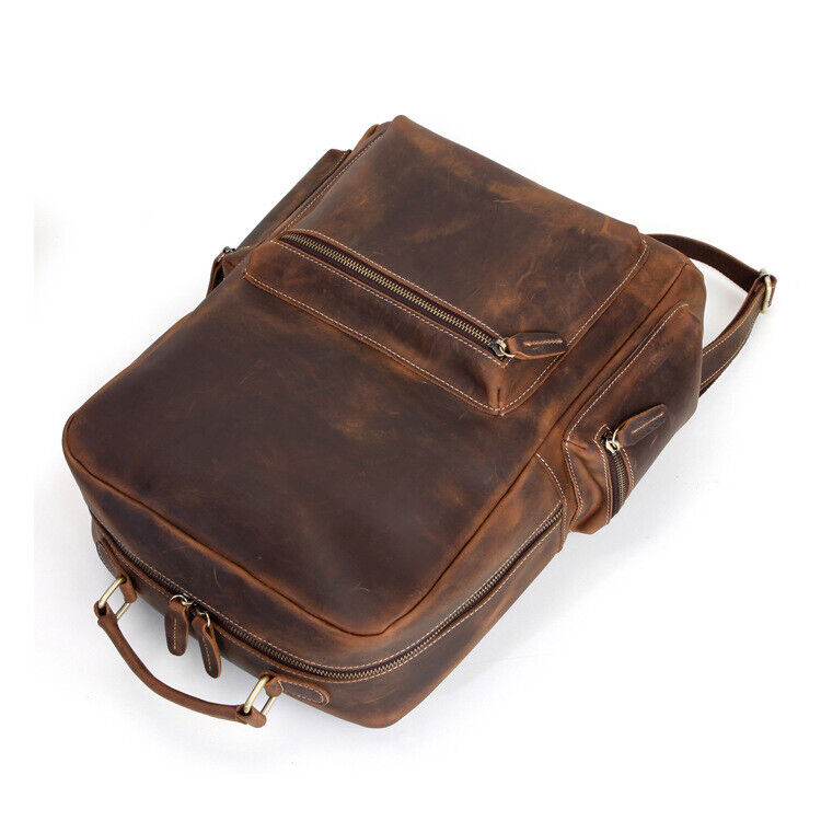 100%Crazy Horse Leather Men's Retro Backpack, Travel Rucksack Daypack School Bag