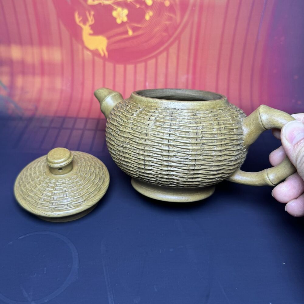 Vintage Chinese Yixing Purple Clay Teapot Zisha Ceremony Carving Bamboo Teaware