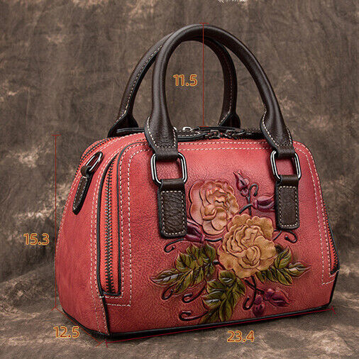 Women's Genuine Leather Handbags Embossed Flower Butterfly Shoulder Shell Bags