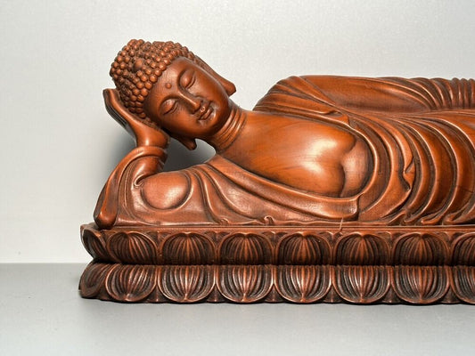 Vintage Wooden Carving Reclining Buddha Statue Ornaments Woodwork Sculptures Art
