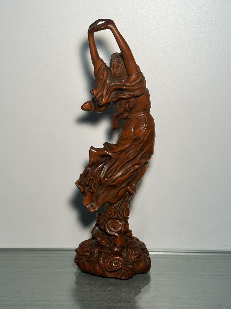 Chinese Wood Carved Boxwood Pretty Woman Girl Statue Wooden Sculpture Home Decor