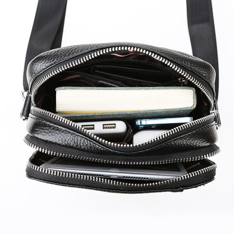 100% Genuine Leather Men's 8" Business Bags Black Sling Shoulder Messenger Bag