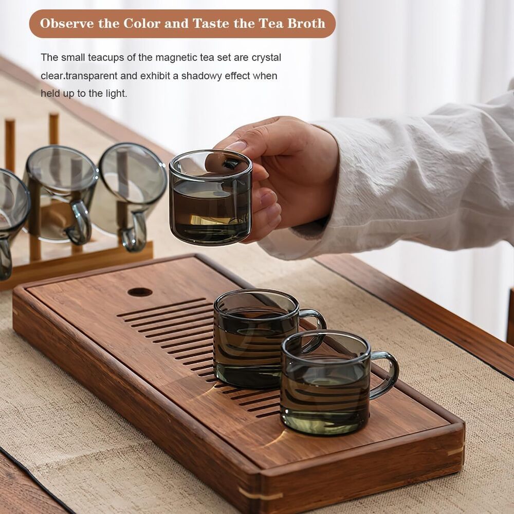 Mini Glass Tea Cups with Wooden Holder Set Chinese Tea Utensil Decor Gift 7 Pcs