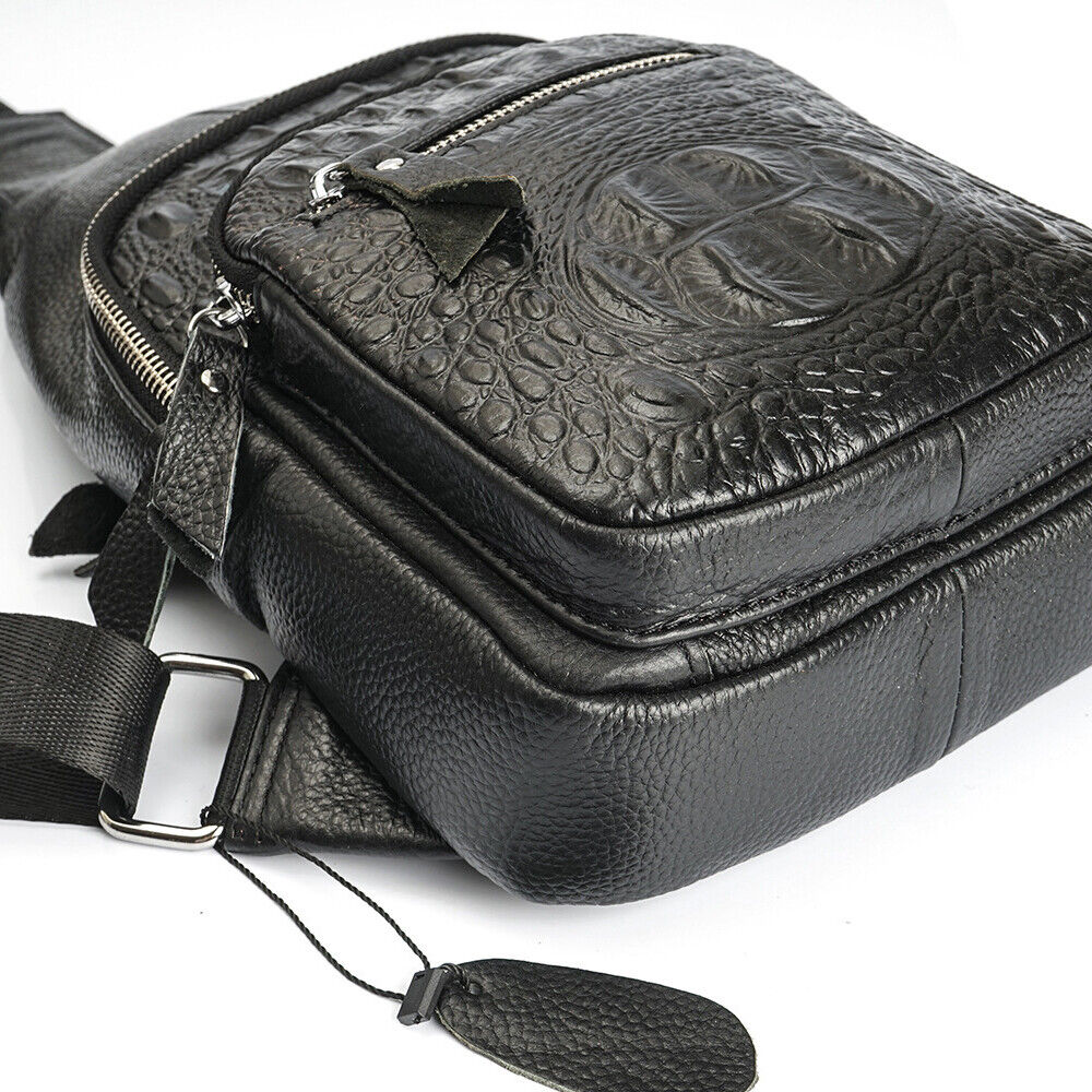 100% Genuine Leather Mens Crocodile Pattern Sling Backpack Crossbody Bag Daypack