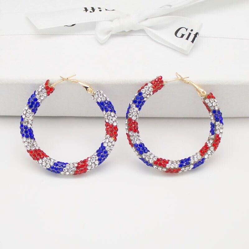 Women Hoop Earrings 35mm Rhinestone Patriotic Girls Fashion Jewelry Holiday Gift