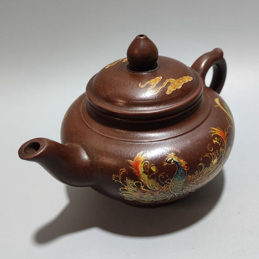 Vintage Chinese Yixing Purple Clay Teapot Zisha Ceramic Painted Peacock Teaware
