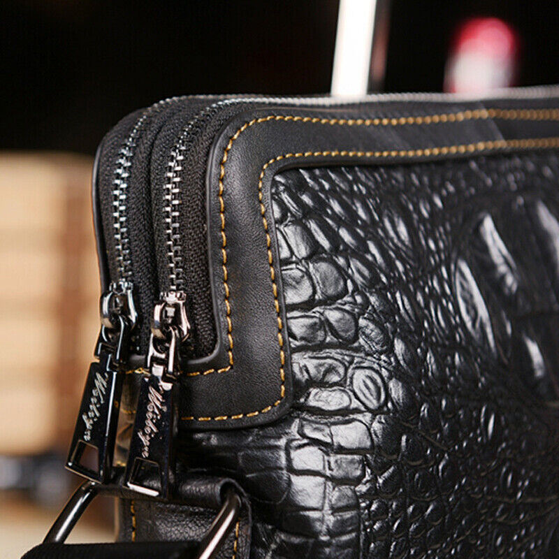 100% Genuine Leather Men's Crocodile Sling Messenger/Shoulder Bag Double Zipper
