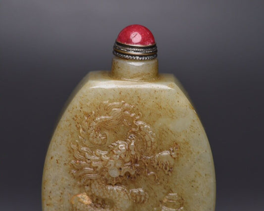 Chinese Antique Hetian Jade Snuff Bottle Carving Dragon Statue Collectibles Rare