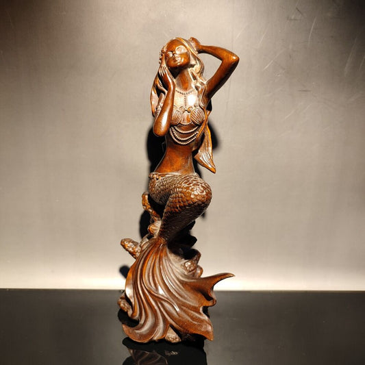 vintage wooden fish carving boxwood women girl statue home decor beautifully art