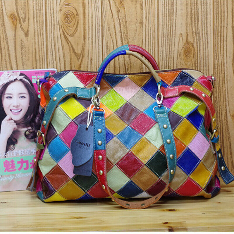 Genuine Cowhide Leather Colorful Blocks Patchwork Handbag Women's Tote Crossbody