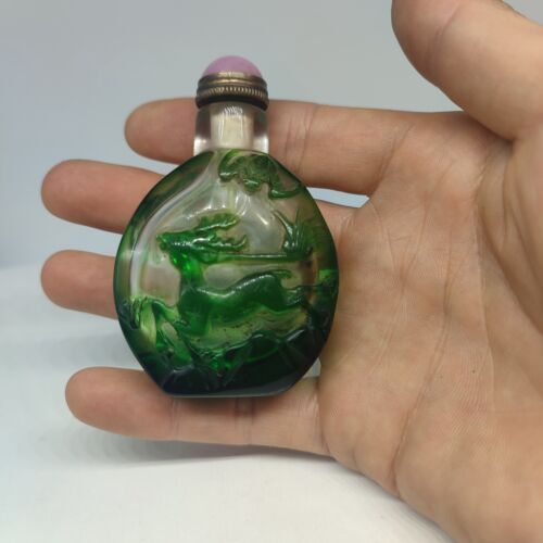 Collections Beijing Chinese Glass Snuff Bottle Carved Deer Moose Reindeer Statue