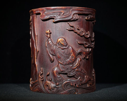 6" chinese carved brush pot pots dragon statue antique wood carving buddha Arhat