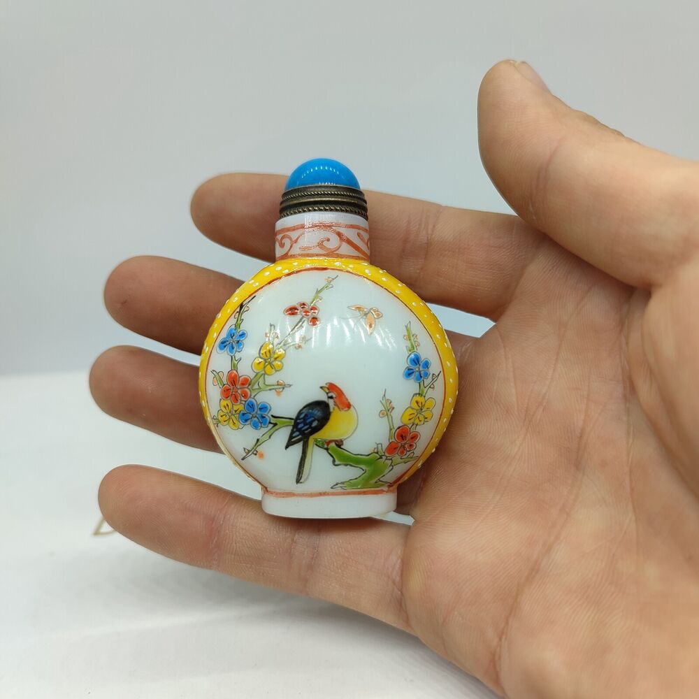 vintage chinese peking glass snuff bottle painted bird flower signed Liuli gift