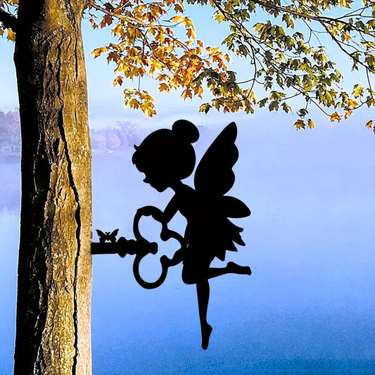 Home With This Cute Elf On Branch Steel Silhouette Metal Wall Art Statue Stake!
