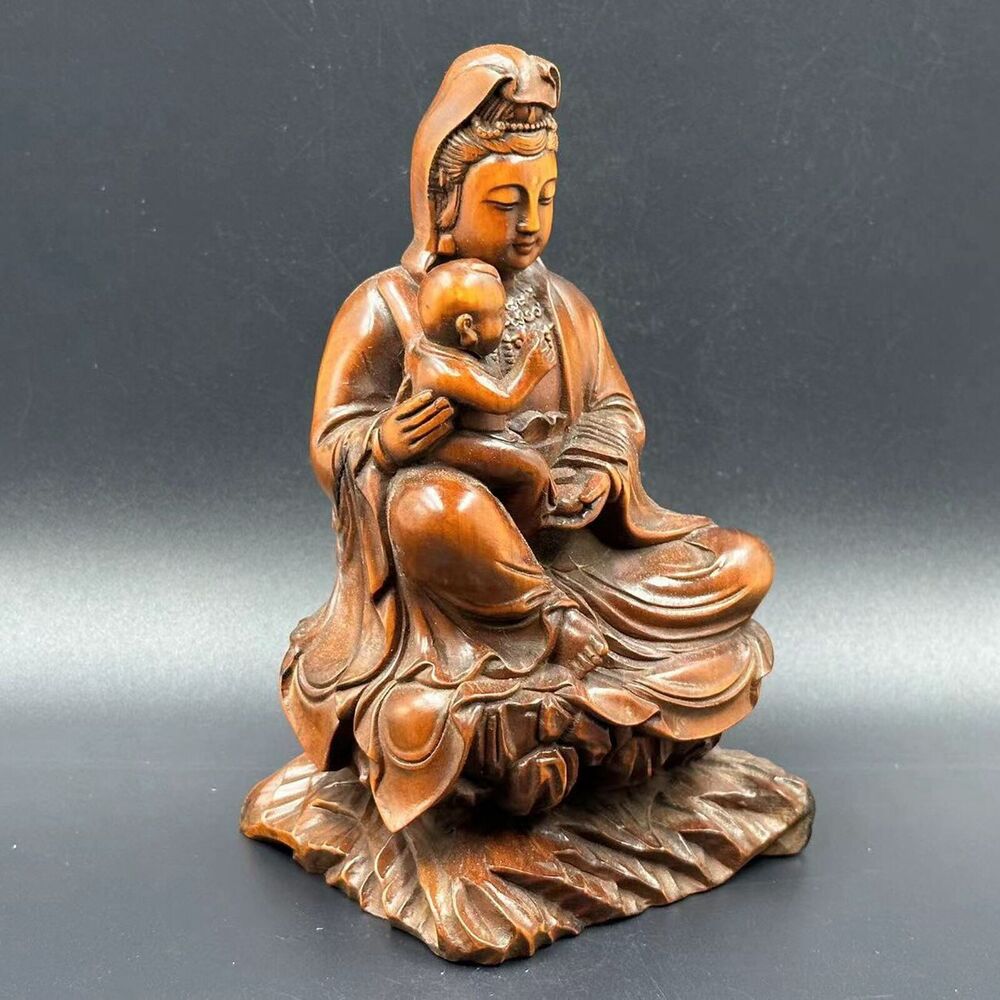 Collection Chinese Boxwood Carving Kwan Yin Statue Wooden Sculptures Home Decor