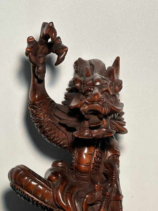 Vintage Chinese Boxwood Carving Dragon Statue Wood Sculpture Animal Decoration
