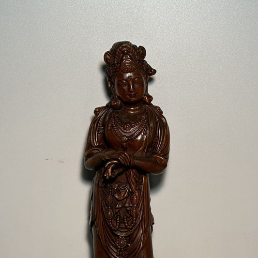Chinese Vintage Boxwood Carved Kwan Yin Statue Wooden Sculptures Home Decor Art