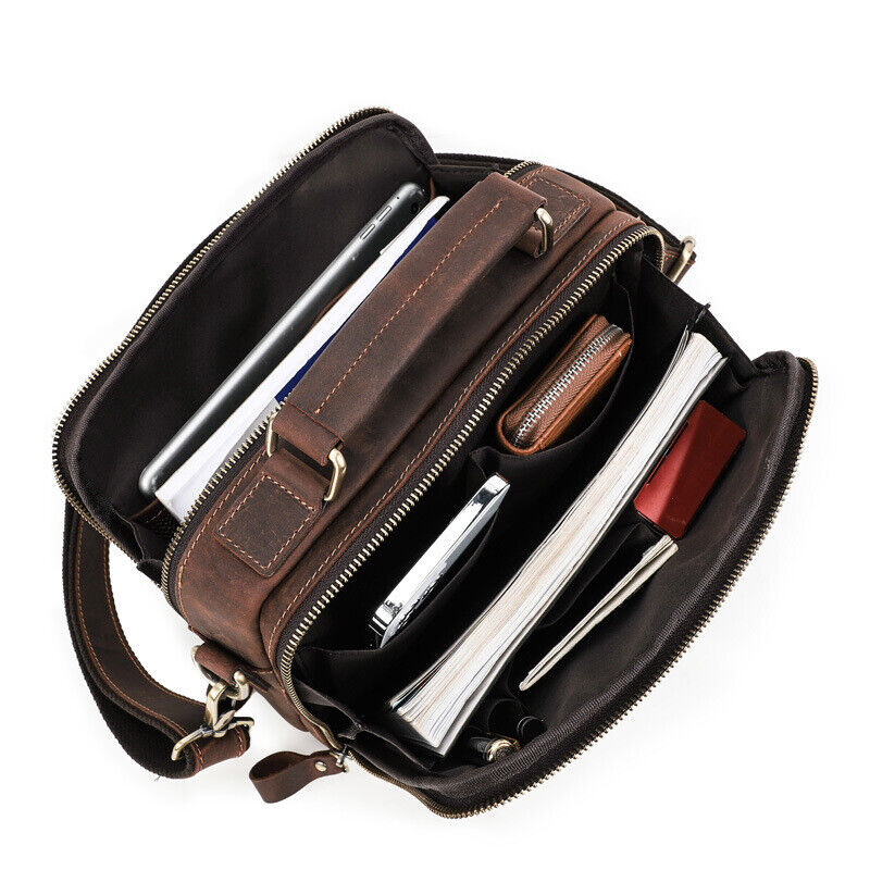 Crazy Horse Leather Men's Sling Shoulder/Messenger Bag Double Zipper 10" Handbag