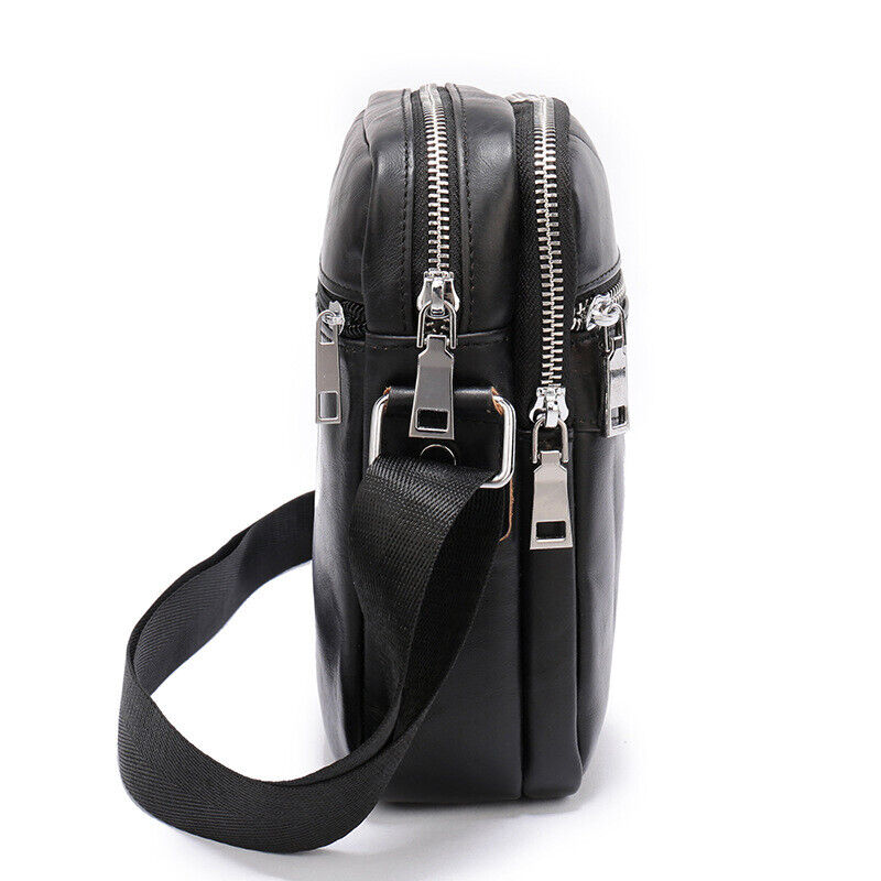 100% Cowhide Leather Double Zipper Shoulder/Messenger Bag Black Men's Sling Bag