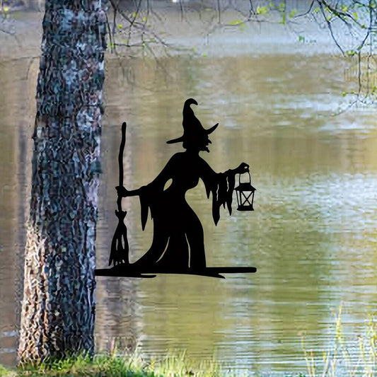 Witch Lantern On Branch Steel Silhouette Garden Yard Patio Statue Stake