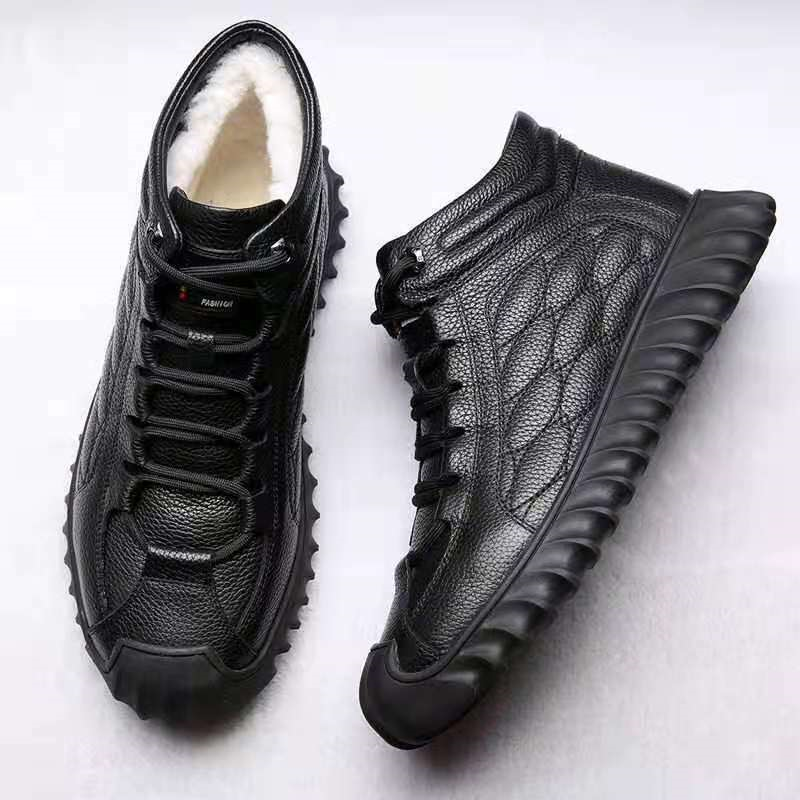 Winter Fur Lined Men's Warm Lace-Up Shoes Faux Leather High-Top Ankle Snow Boots