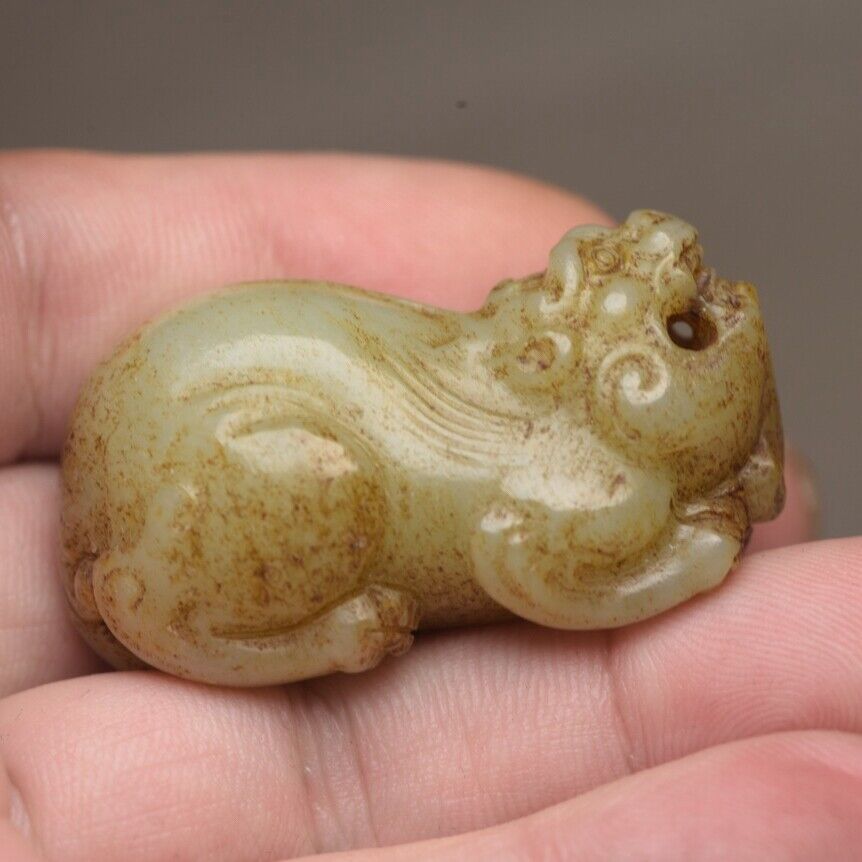 Chinese Vintage Antique Hetian Jade Carved Auspicious Beast Statue Lucky Pendant