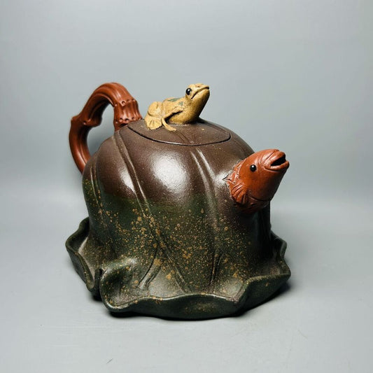 Vintage Chinese Yixing Purple Clay Teapot Zisha Ceremony Lotus Leaf Frog Tea Set