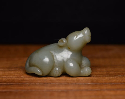 Antique Chinese Natural Hetian Jade Carving Beast Statue Nice Figurine Artwork