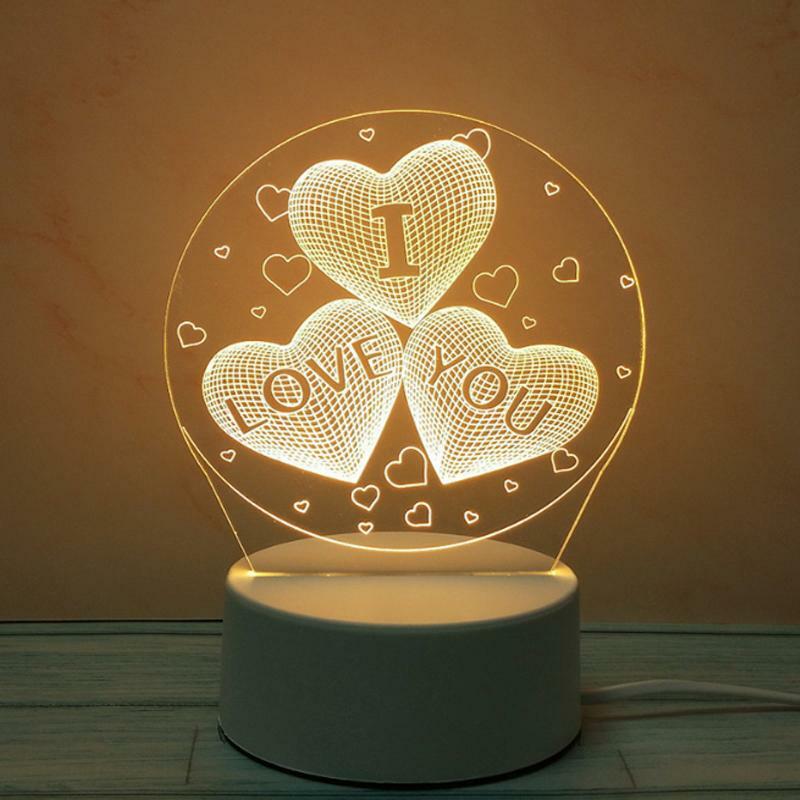 3D LED Night Light USB Chrome Small Table Lamp Hearts Novel Illusion Lamp Girl
