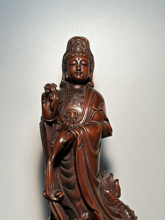 Vintage Chinese Wooden Carving Dragon Kwan Yin Statue Ornaments Wood Sculptures
