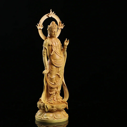 23CM Boxwood Carving Wood Crafts Real Wood Buddha Statue Gifts Guanyin Sculpture