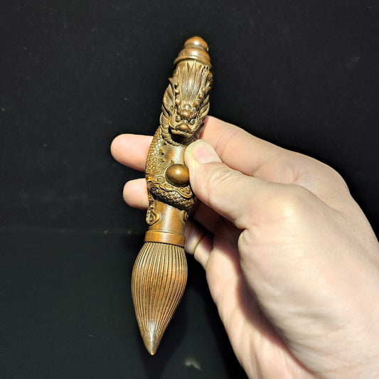 6"Exquisite Chinese writing brush dragon statue Boxwood wooden ornaments carved