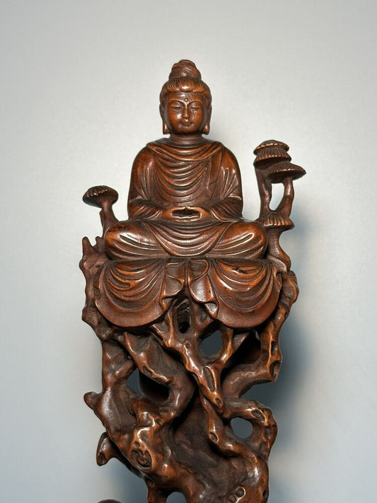 Vintage Chinese Wooden Carving Buddha Statue Boxwood Sculptures Decor Art Work