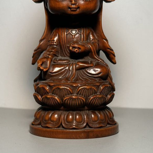 Vintage Chinese Boxwood Carving Baby Kuan Yin Statue Ornament Wood Figurine Gift