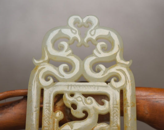Chinese Natural Hetian Jade Carving Dragon Phoenix Statue Nice Pendant Jewelry