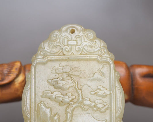 Chinese Natural Hetian Jade Carved Landscape Statues Exquisite Pendant Jewelry