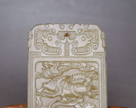 Chinese Natural Hetian Jade Carved Kylin Dragon Statues Lucky Pendant Collection