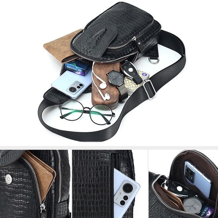 Black Real eather Sling Backpack, Men's Crossbody Chest Bag with Crocodile Print