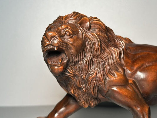 Vintage Wooden Carving Fierce Lion Statue Ornament Woodwork Sculpture Home Decor