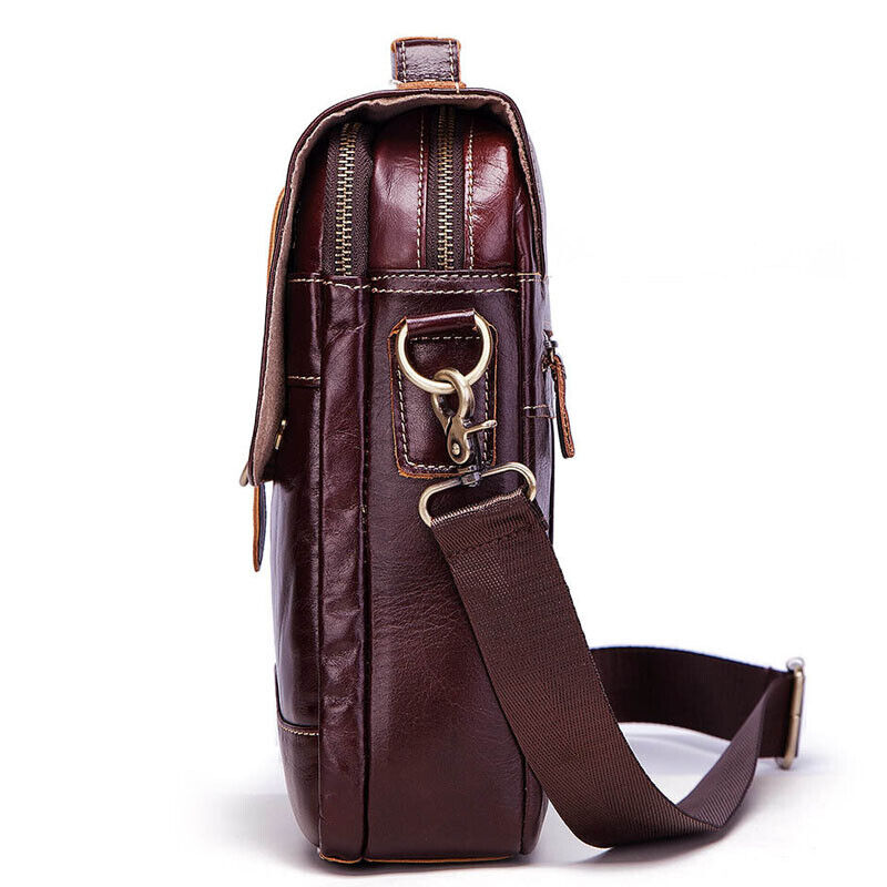 100% Genuine Leather Men's Sling Shoulder/Messenger Bag Double Zipper 8" Handbag