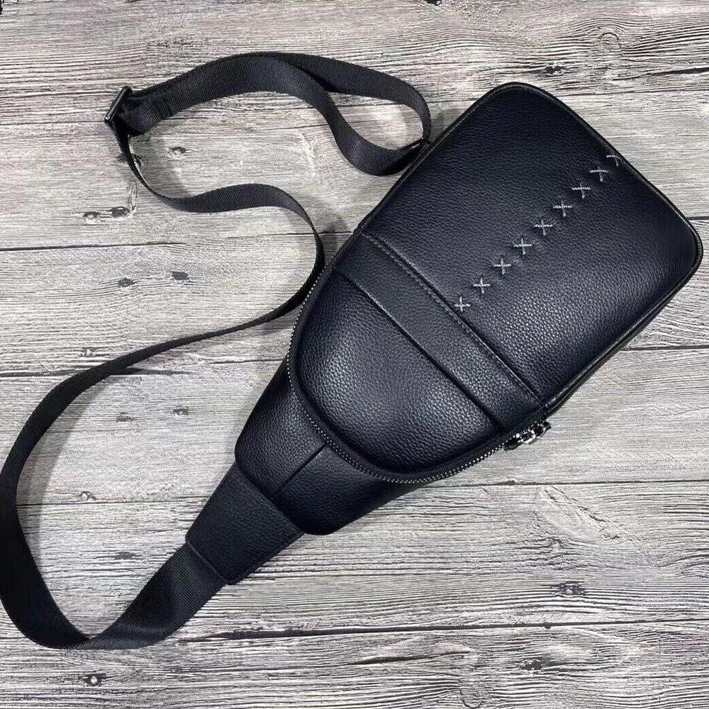Soft Cow Leather Black Crossbody Chest Bag Hiking Sling Backpack Shoulder Bag