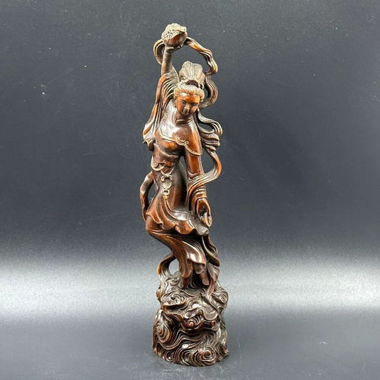 Vintage China Boxwood Carved Pretty Woman Statue Wood Sculpture Decor Collection